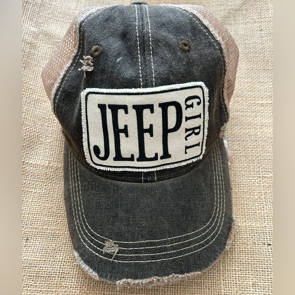JEEP GIRL GRAY/TAN FADED LIVE HAPPY TRUCKER HAT DISTRESSED ADJUSTABLE STRAP  NEW